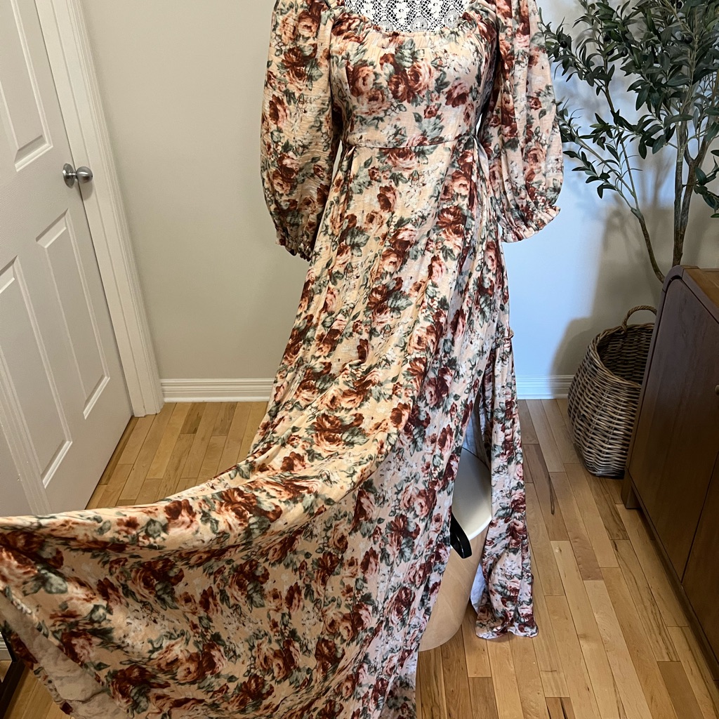 Floral Long Sleeve Maxi Dress In Cream And Rust